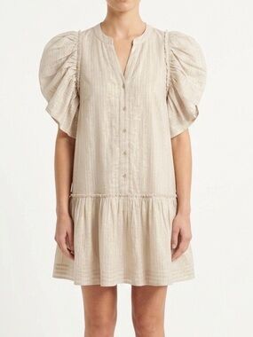 NWOT Antropologie Self Contrast Organic Cotton Stripe Puff Sleeve Dress Size L